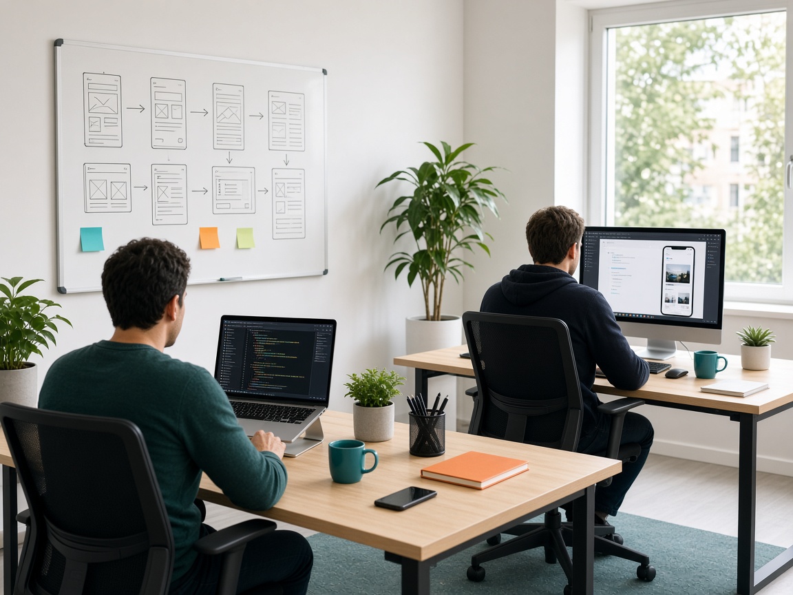 Developers working in a bright software studio