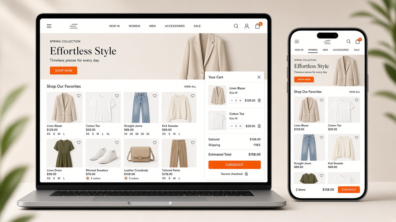 Fashion retail e-commerce website on laptop and phone